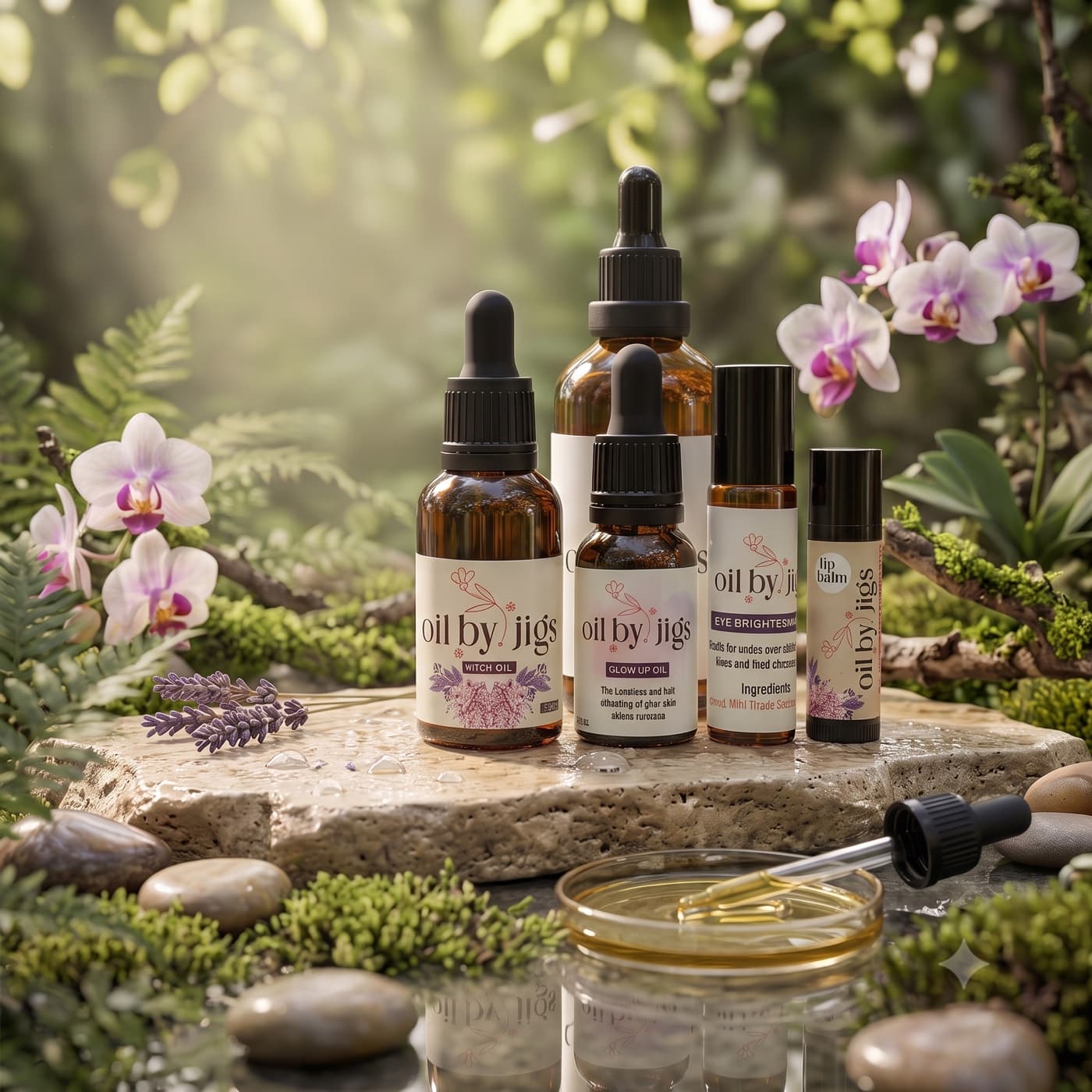 Oil by Jigs oils and lip balm arranged with flowers and greenery